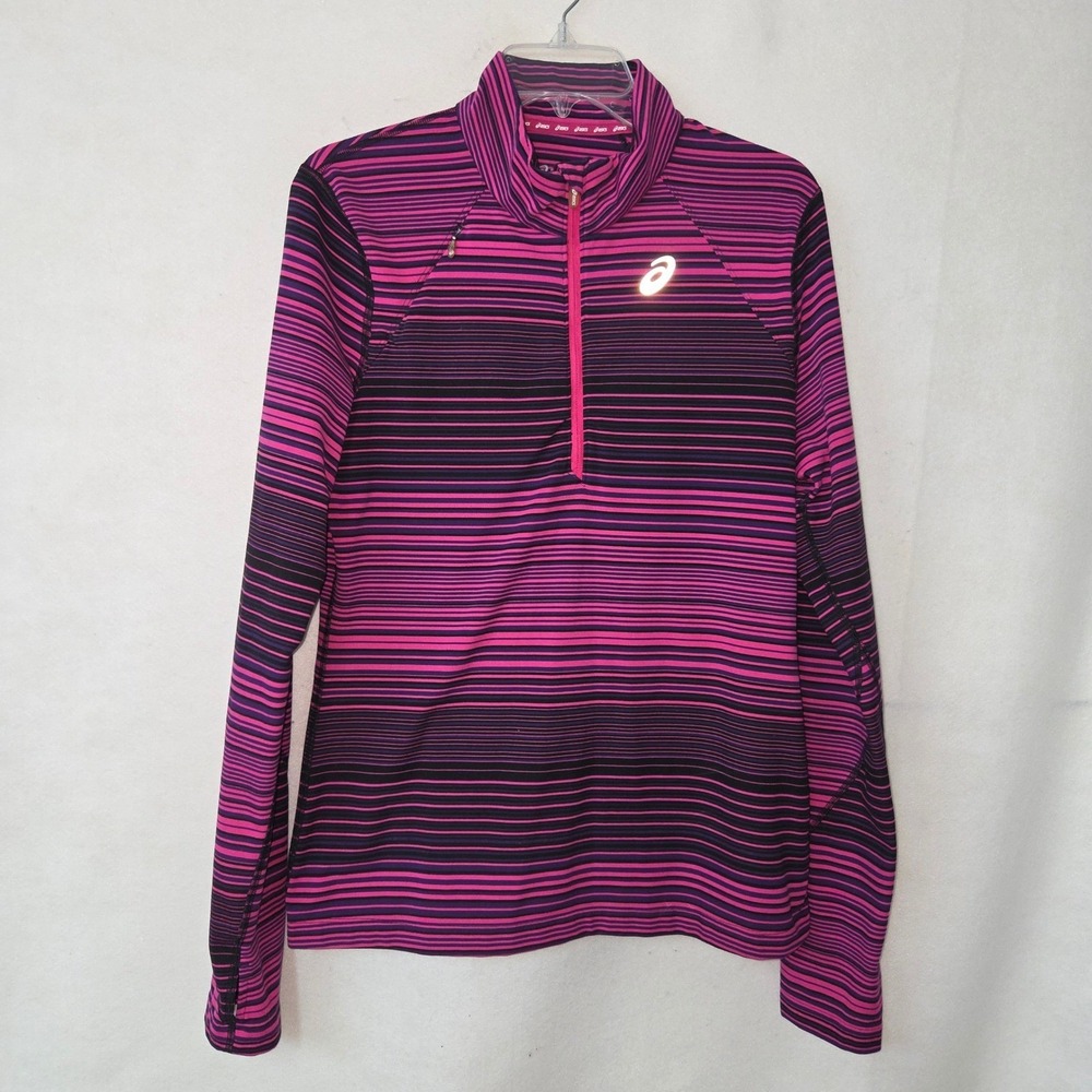 Asics Quarter Zip Pullover Women Large Pink Purple Striped Reflective Thumbholes